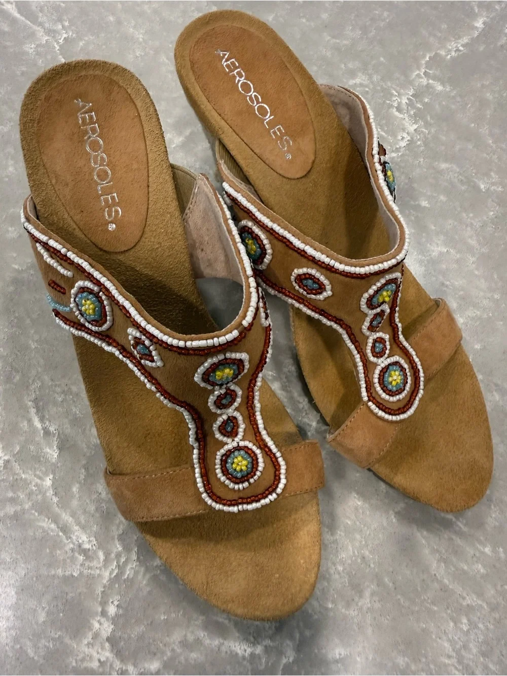 Aerosoles Beaded Espadrille Wedge Sandals Tan Suede Boho Size 7M